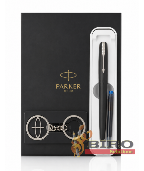 Set cadou Parker Frontier Negru – stilou + agendă + cutie metalică + breloc Parker