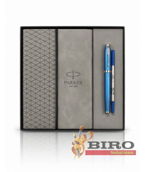 Set Parker IM Rituals Grey – roller + agendă albastră cu clapă în casetă cadou