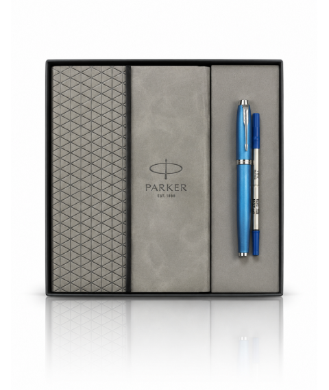 Set Parker IM Rituals Grey – roller + agendă albastră cu clapă în casetă cadou