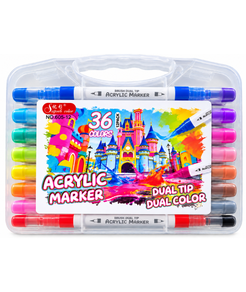 Set markere acrilice cu 2 capete, 36 culori, ML103-2, cutie din plastic, 605-18