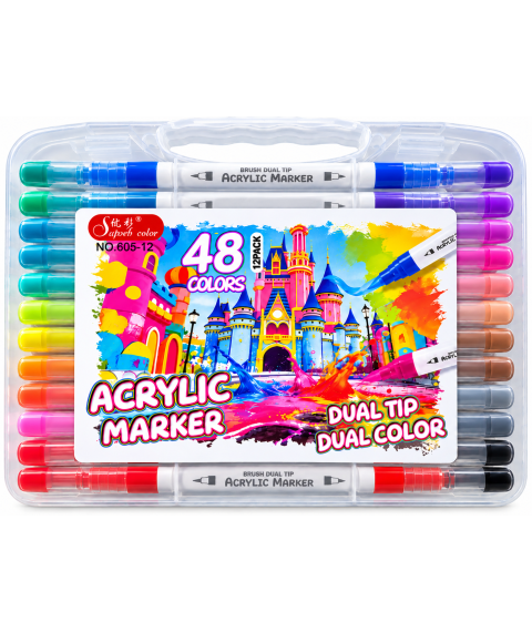 Set markere acrilice cu 2 capete, 48 culori, ML103-3, cutie din plastic, 605-24