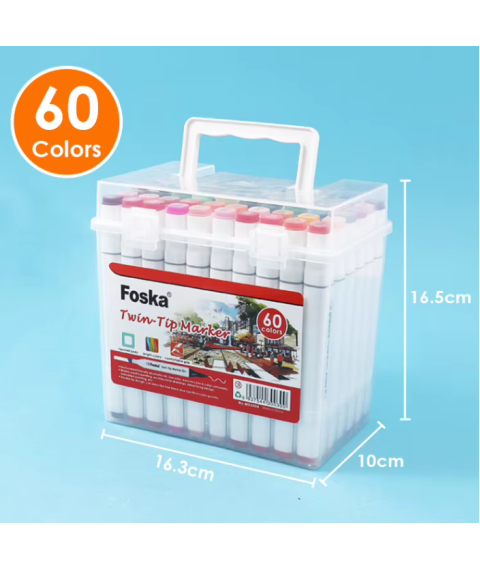 Set 60 markere profesionale, două vârfuri 1 mm și 7 mm, Foska MK5004
