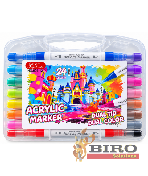 Marker acrilic 24 culori, cu 2 capete, ML103-1, cutie plastic, 605-12