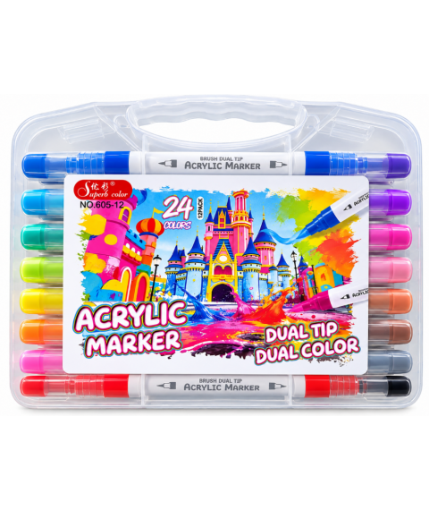 Marker acrilic 24 culori, cu 2 capete, ML103-1, cutie plastic, 605-12