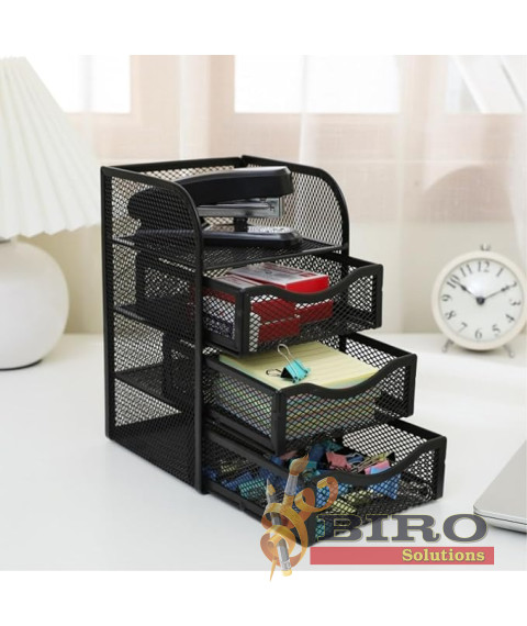 Organizator de birou din plasă cu 3 sertare, metalic