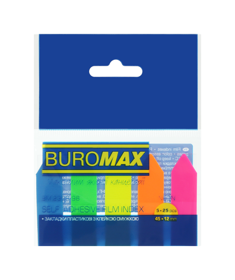 Notițe adezive din plastic SAGEATA, NEON 5 cul. x 25 foi, 45x12 mm BUROMAX Notițe adezive din plastic SAGEATA, NEON 5 cul. x 25 foi, 45x12 mm BUROMAX