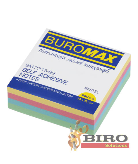 Hirtie pentru notite cu lipici 75×75 mm 250 file pastel Buromax