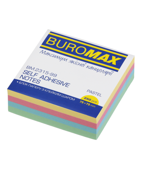Hirtie pentru notite cu lipici 75×75 mm 250 file pastel Buromax