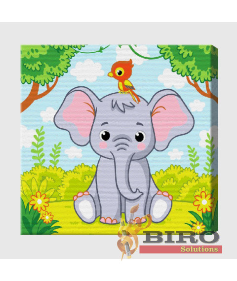 Pictură pe numere 20×20 cm Elefant și păsărică