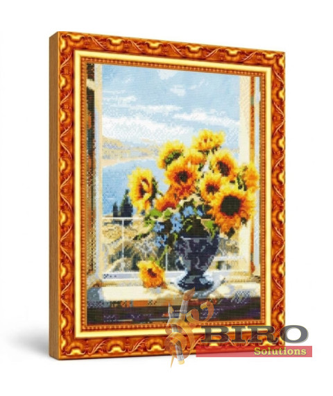 Mozaic cu diamante „Buchet de floarea-soarelui pe pervaz”, 40 × 50 cm