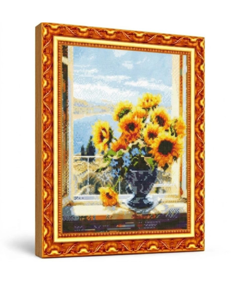Mozaic cu diamante „Buchet de floarea-soarelui pe pervaz”, 40 × 50 cm