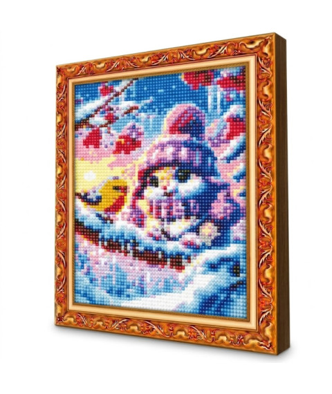 Mozaic cu diamante 20x30 cm Iepuraș și pasăre pe ramură de iarnă