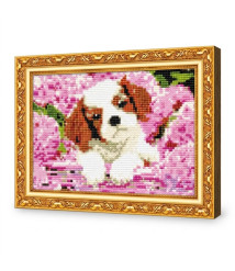 Mozaic cu diamante 20x30 cm Cățel printre hortensii