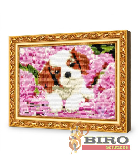Mozaic cu diamante 20x30 cm Cățel printre hortensii