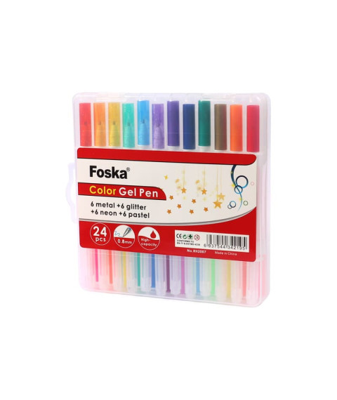 Set pixuri cu gel, 1,0 mm, 24 culori metalice, cu sclipici, neon și pastel, Foska RH2007 Set pixuri cu gel, 1,0 mm, 24 culori metalice, cu sclipici, neon și pastel, Foska RH2007