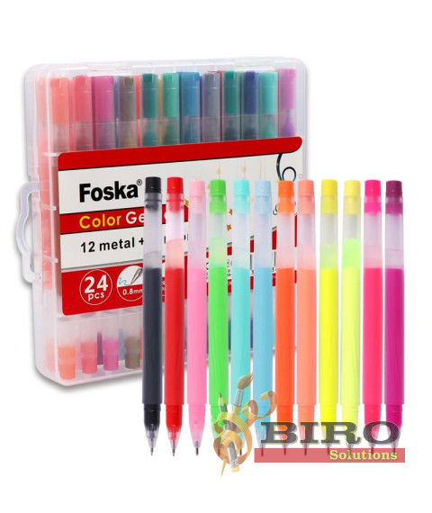 Set 24 pixuri cu gel, 12 culori neon și 12 culori metalice, Foska RH2008