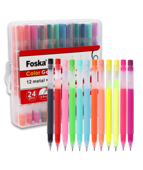 Set 24 pixuri cu gel, 12 culori neon și 12 culori metalice, Foska RH2008 Set 24 pixuri cu gel, 12 culori neon și 12 culori metalice, Foska RH2008