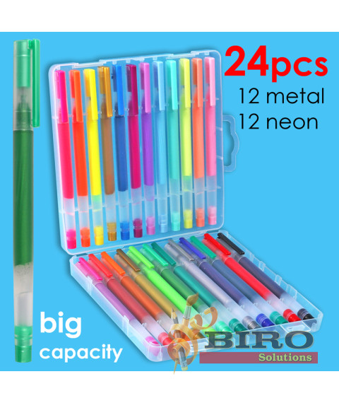 Set 24 pixuri cu gel, 12 culori neon și 12 culori metalice, Foska RH2008