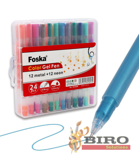 Set 24 pixuri cu gel, 12 culori neon și 12 culori metalice, Foska RH2008