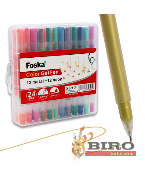 Set 24 pixuri cu gel, 12 culori neon și 12 culori metalice, Foska RH2008