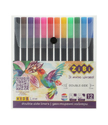 Set de linere 12 culori, dublu cap (liner + brush), penar din plastic, KIDS Line