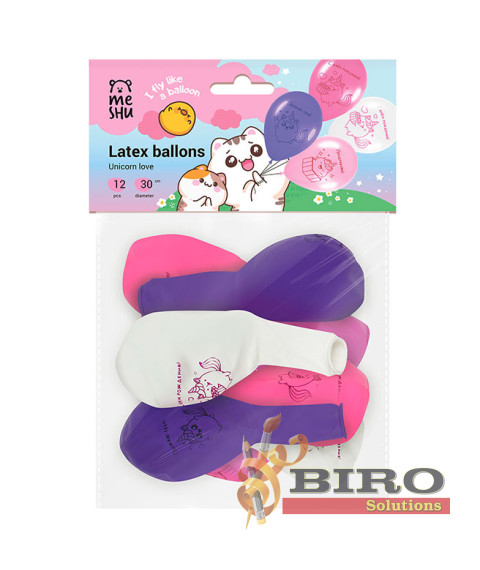 Set baloane latex MESHU Unicorn Love 30 cm, pastel mix, 12 bucăți | Biro Solutions