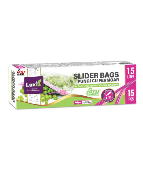 Pungi alimentare LUXIA 1,5 L – 15 buc. – LUX-4057 – cu închidere zip, pentru congelare