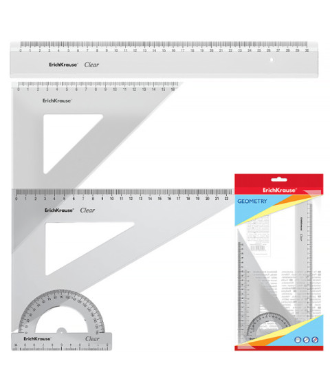 Set de rigle din plastic Erich Krause Clear 4 elemente (rigla 30cm), transparent
