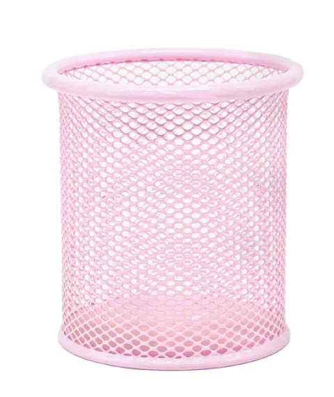 Suport pentru pixuri, rotund, metalic, tip plasa, roz deschis