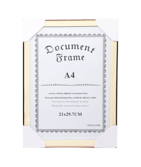 Ramă foto A4, din plastic, albă cu margine aurie