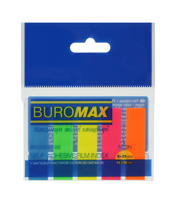 Notițe adezive din plastic NEON, cu strat adeziv, 45x12 mm, 5 cul. x 25 foi BUROMAX