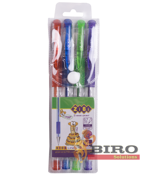 Set de 4 pixuri gel GLITTER (cu sclipici) în penar plastic, KIDS Line  Titlu SEO: