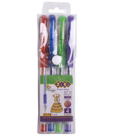 Set de 4 pixuri gel GLITTER (cu sclipici) în penar plastic, KIDS Line