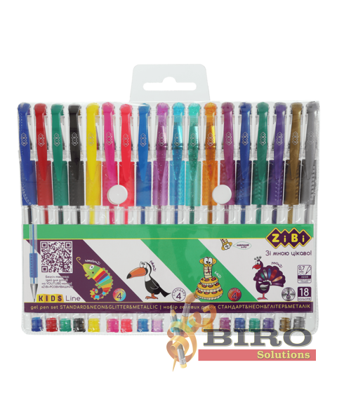 Set 18 pixuri cu gel, NEON+STANDART+GLITTER+METALLIC, in cutie de plastic, KIDS Line