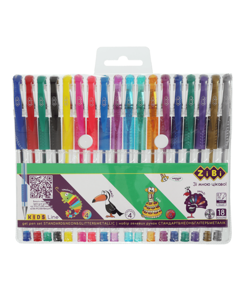 Set 18 pixuri cu gel, NEON+STANDART+GLITTER+METALLIC, in cutie de plastic, KIDS Line