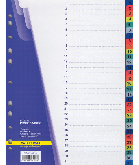 Separatoare din plastic A4, cifrele 1-31, 31 file