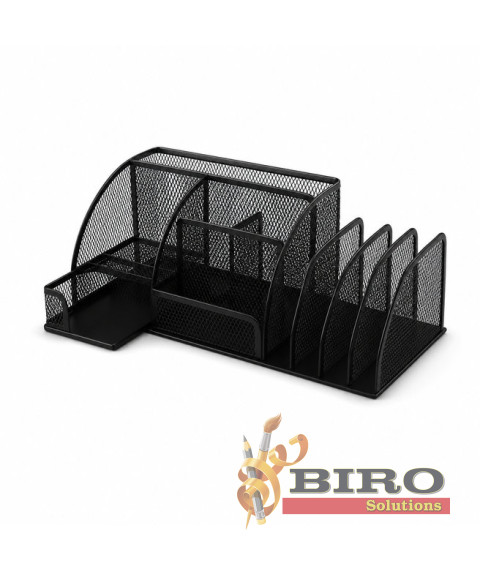 Organizator de birou din plasă cu 7 compartimente și tavă verticală, metalic